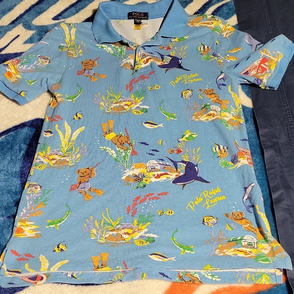 Polo Ralph Lauren Allover Bear Ocean Print Custom Slim Fit Polo Sz XL (18-20)